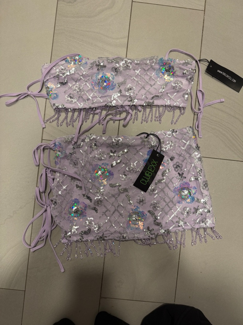 Dolls Kill Lavender Sequin Fringe Skirt Set